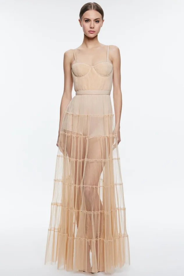 Alice Olivia Deena Pleated Maxi Dress With Hot Pant Almond Women Dresses