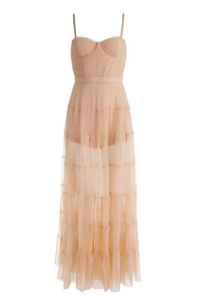 Alice Olivia Deena Pleated Maxi Dress With Hot Pant Almond Women Dresses