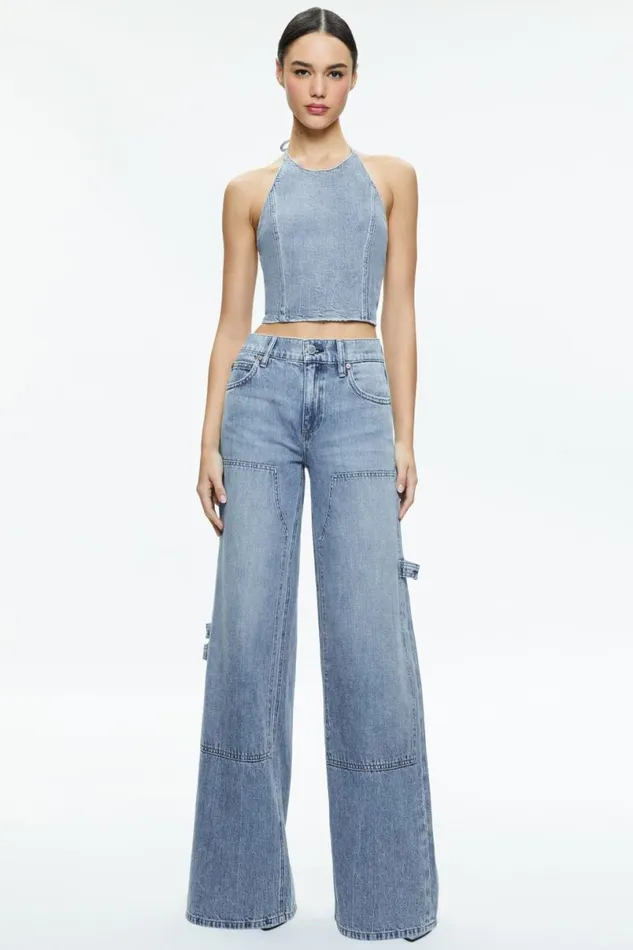 Alice Olivia Jaymee Tie Neck Cropped Halter Top Georgia Vintage Blue Women Tops