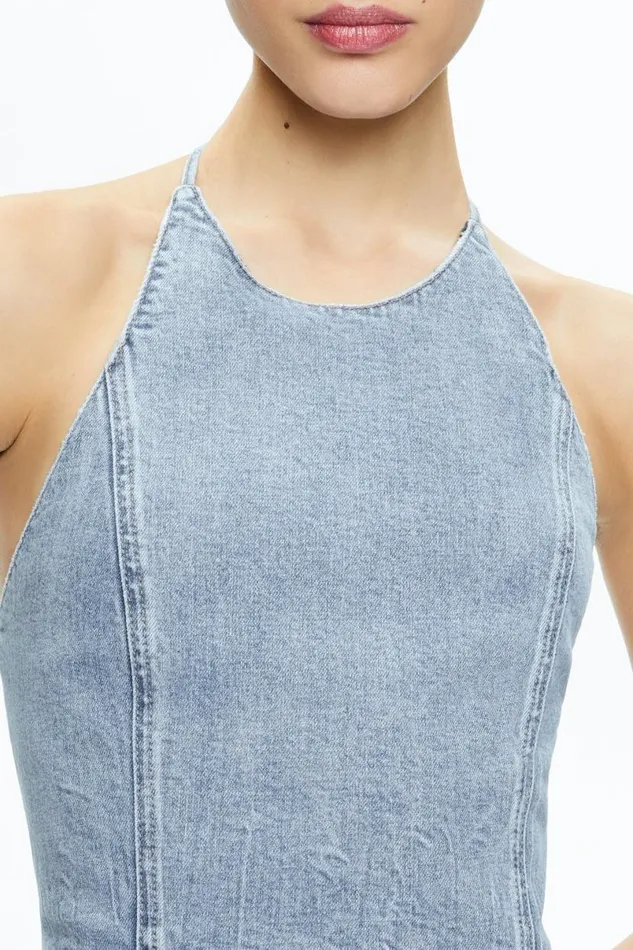 Alice Olivia Jaymee Tie Neck Cropped Halter Top Georgia Vintage Blue Women Tops