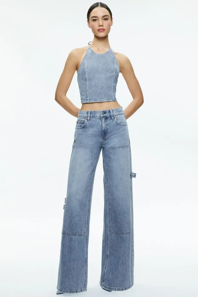 Alice Olivia Jaymee Tie Neck Cropped Halter Top Georgia Vintage Blue Women Tops