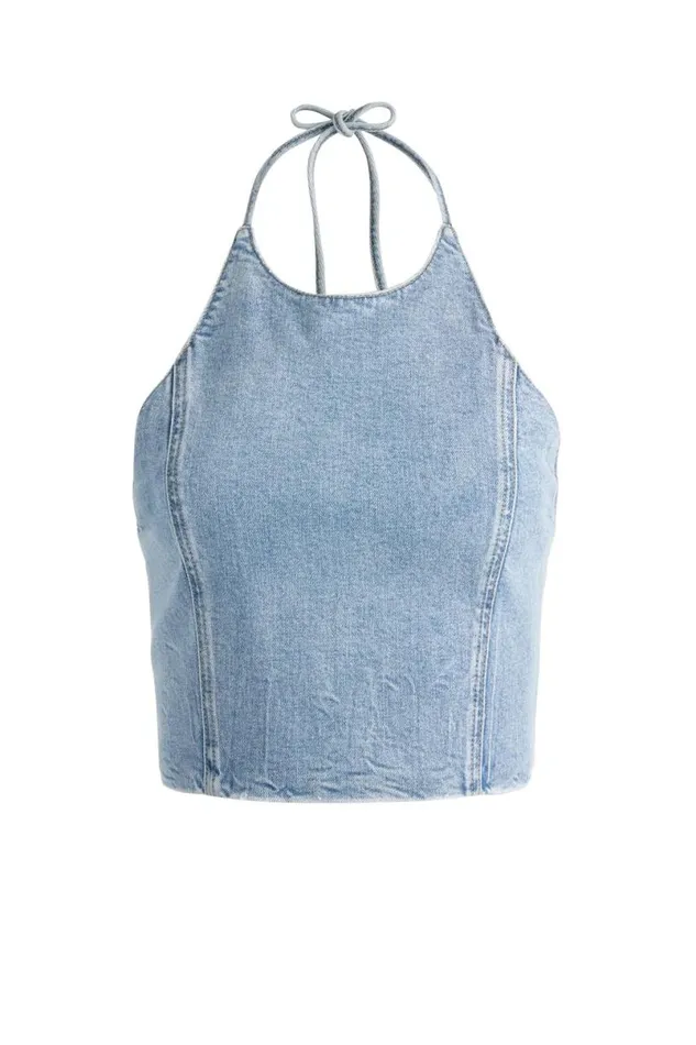 Alice Olivia Jaymee Tie Neck Cropped Halter Top Georgia Vintage Blue Women Tops