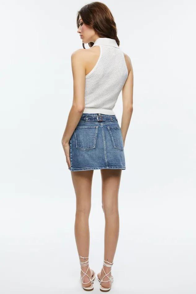 Alice Olivia Joss High Rise Buckle Back Mini Skirt Brooklyn Blue Women Skirts