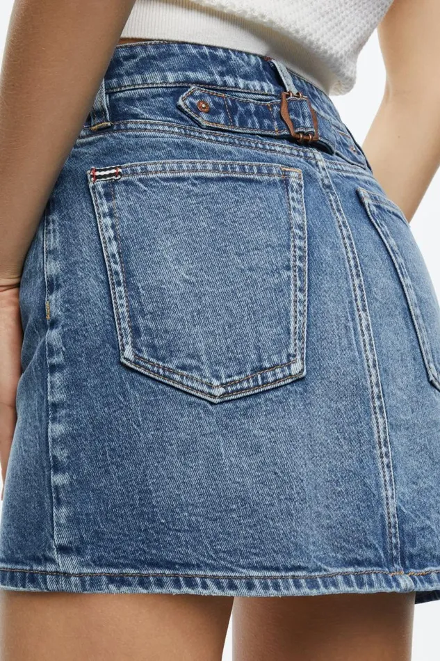 Alice Olivia Joss High Rise Buckle Back Mini Skirt Brooklyn Blue Women Skirts