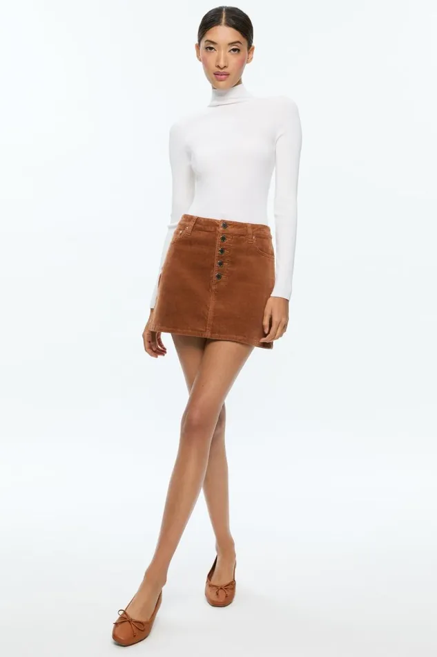 Alice Olivia Joss High Rise Button Front Corduroy Skirt Camel Women Skirts