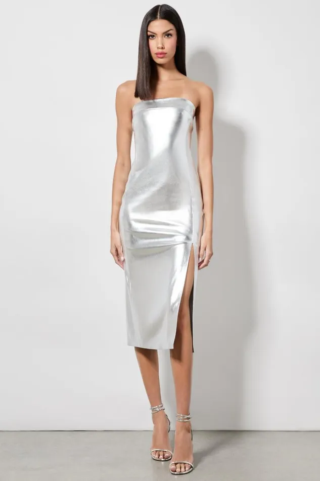 Alice Olivia Kelly Vegan Midi Dress Silver Women Dresses