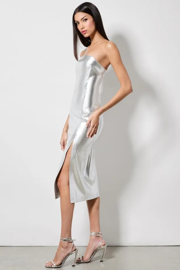 Alice Olivia Kelly Vegan Midi Dress Silver Women Dresses