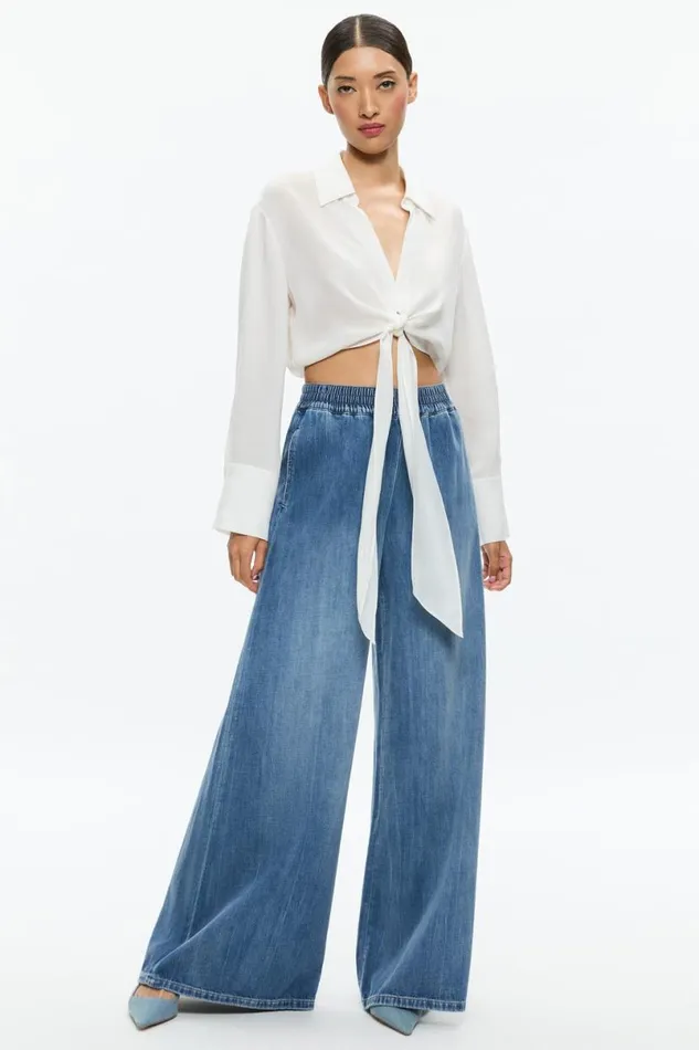 Alice Olivia Kenley Denim Palazzo Pant Brooklyn Blue Women Pants