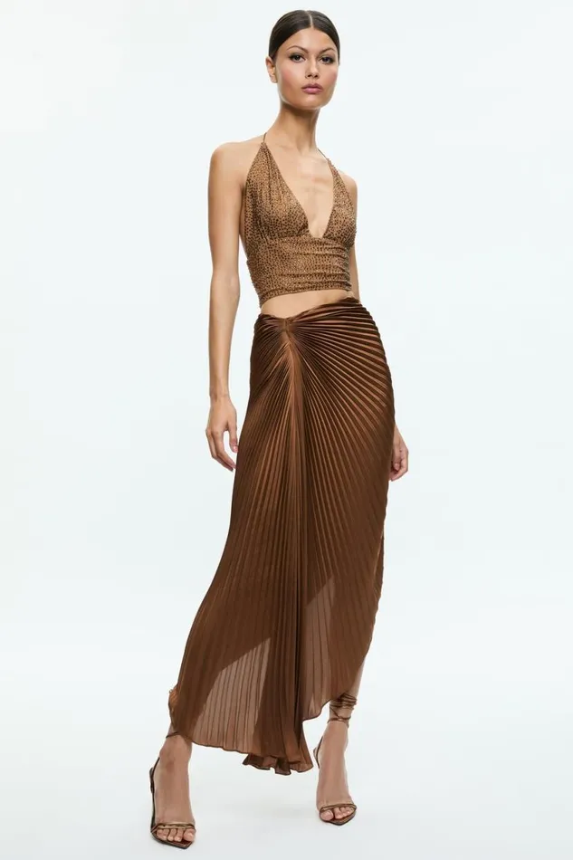 Alice Olivia Odelia Asymmetrical Pleated Maxi Skirt Camel Women Skirts