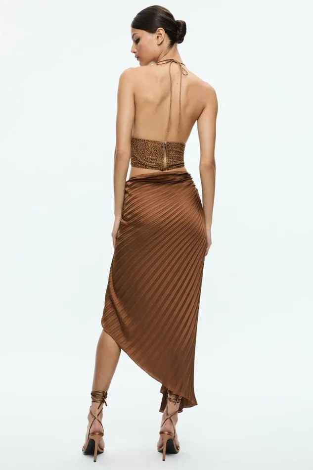 Alice Olivia Odelia Asymmetrical Pleated Maxi Skirt Camel Women Skirts
