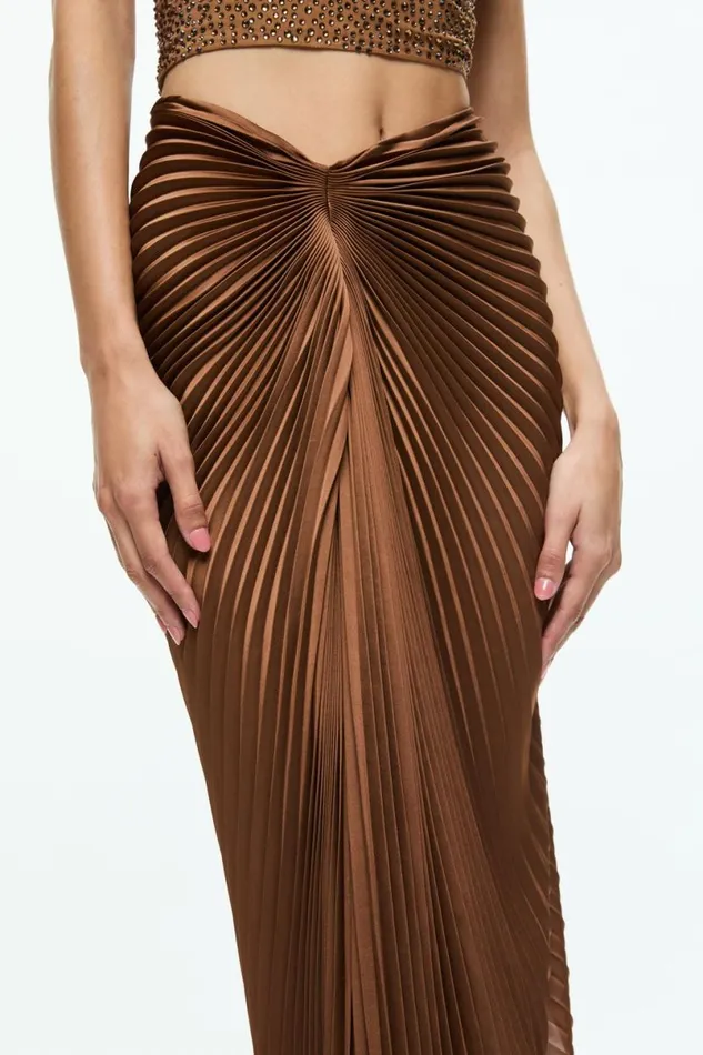 Alice Olivia Odelia Asymmetrical Pleated Maxi Skirt Camel Women Skirts