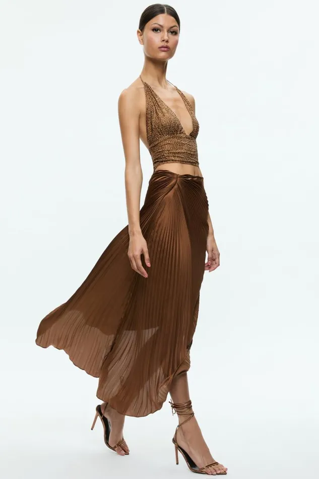 Alice Olivia Odelia Asymmetrical Pleated Maxi Skirt Camel Women Skirts
