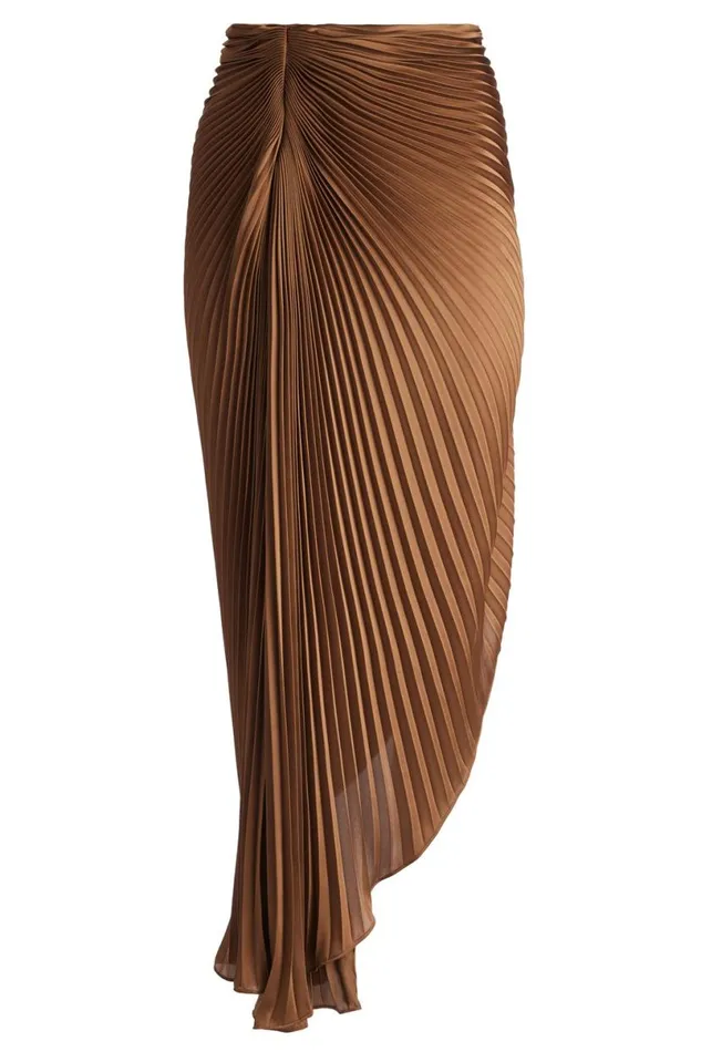 Alice Olivia Odelia Asymmetrical Pleated Maxi Skirt Camel Women Skirts