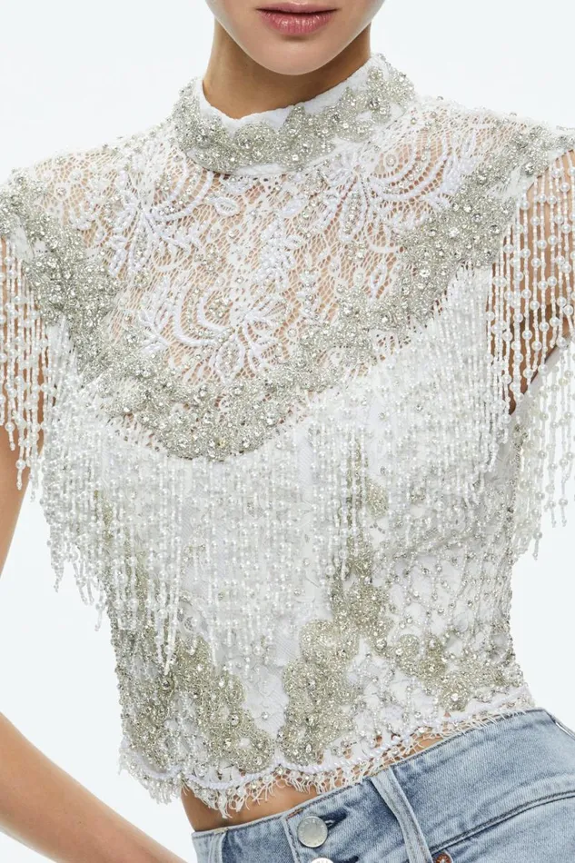 Alice Olivia Pria Embellished Top Off White Women Tops