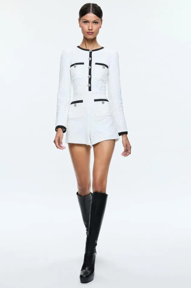 Alice Olivia Shiloh Tweed Romper Off Whiteblack Women Jumpsuits