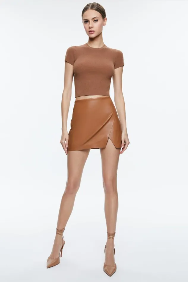 Alice Olivia Siobhan Vegan Mini Skirt Camel Women Skirts