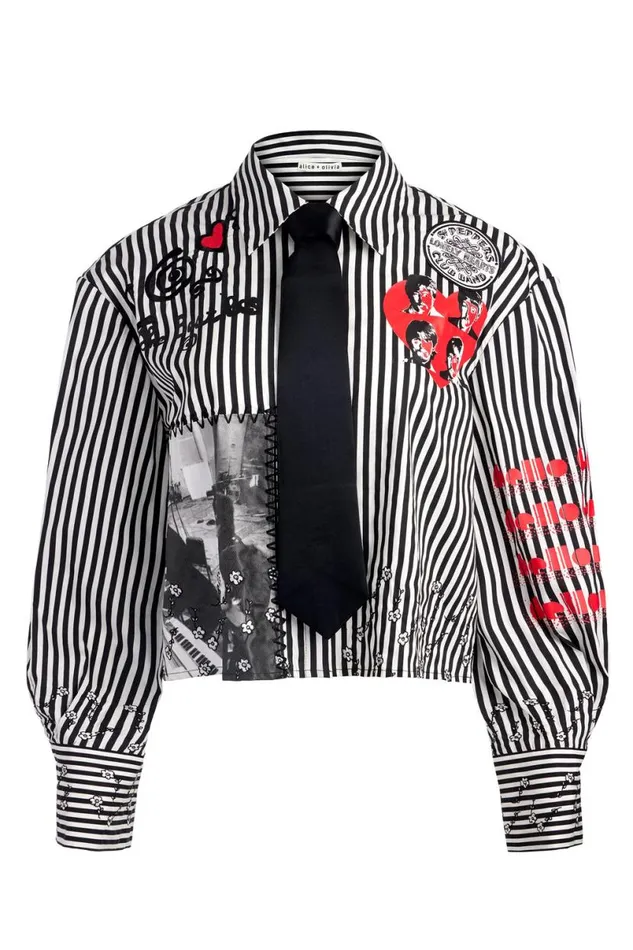 Alice Olivia The Beatles Pam Embroidered Blouse Blackoff White Women Tops