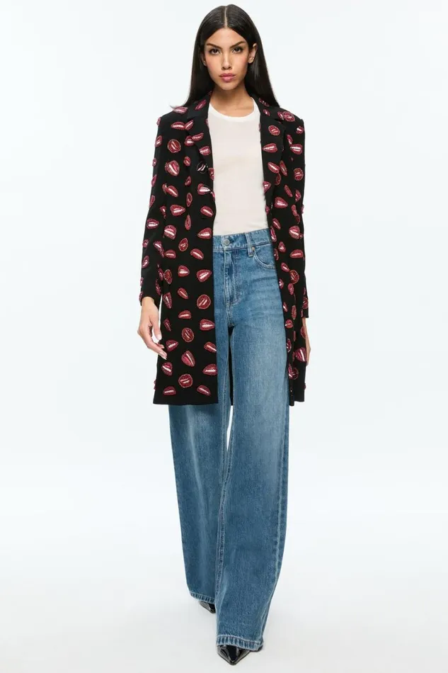 Alice Olivia Tom Wesselmann Bret Long Blazer Lip Sync Black Women Outerwear