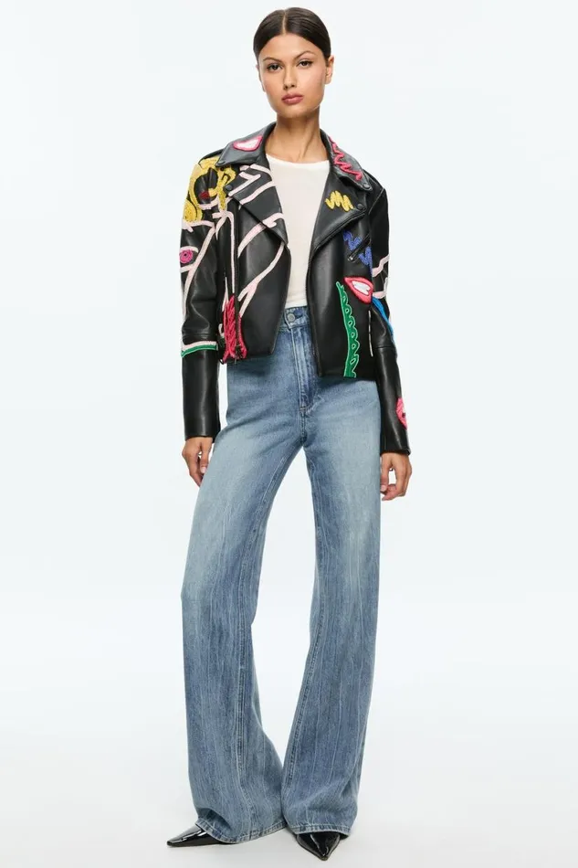 Alice Olivia Tom Wesselmann Cody Leather Moto Jacket Natural Beauty Women Outerwear