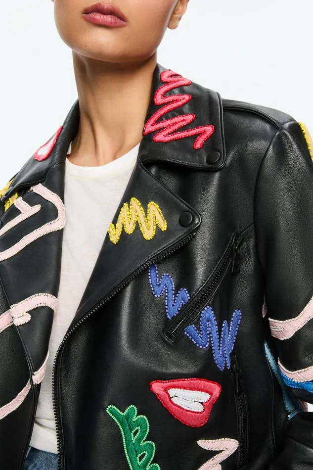 Alice Olivia Tom Wesselmann Cody Leather Moto Jacket Natural Beauty Women Outerwear