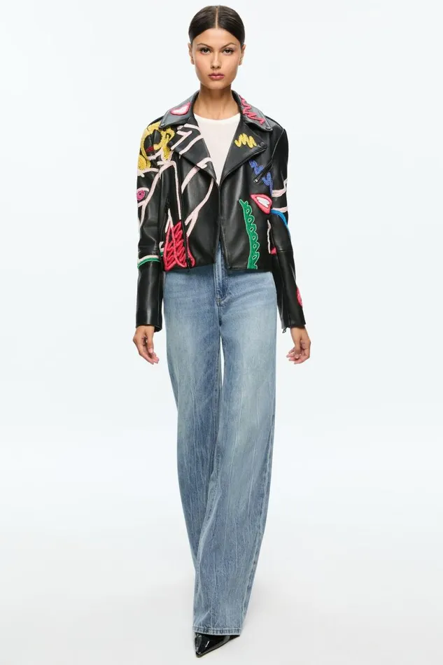 Alice Olivia Tom Wesselmann Cody Leather Moto Jacket Natural Beauty Women Outerwear