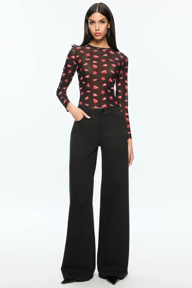 Alice Olivia Tom Wesselmann Delaina Mesh Long Sleeve Top Lip Sync Black Women Tops