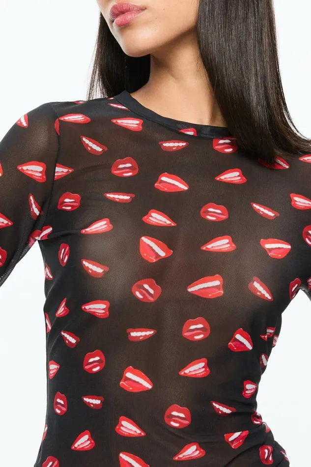 Alice Olivia Tom Wesselmann Delaina Mesh Long Sleeve Top Lip Sync Black Women Tops