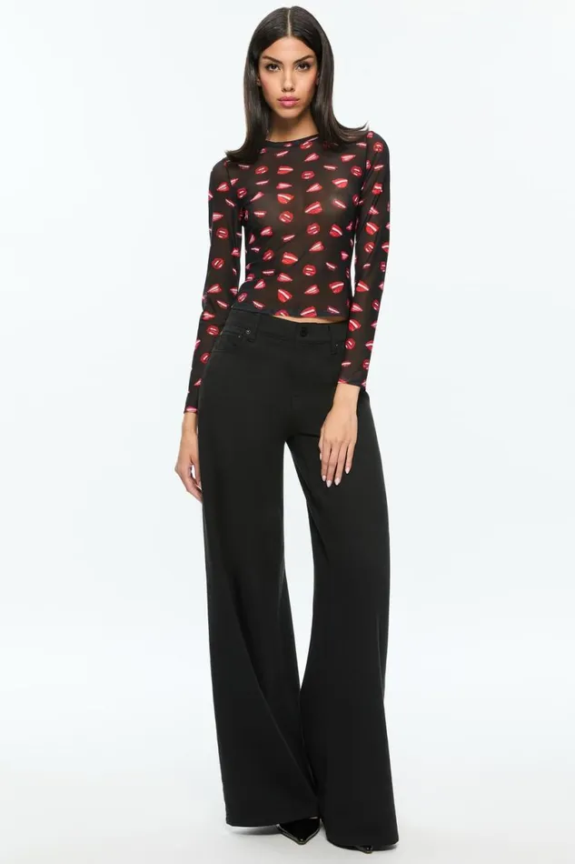 Alice Olivia Tom Wesselmann Delaina Mesh Long Sleeve Top Lip Sync Black Women Tops
