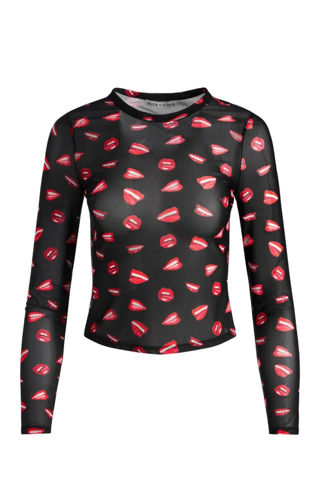 Alice Olivia Tom Wesselmann Delaina Mesh Long Sleeve Top Lip Sync Black Women Tops
