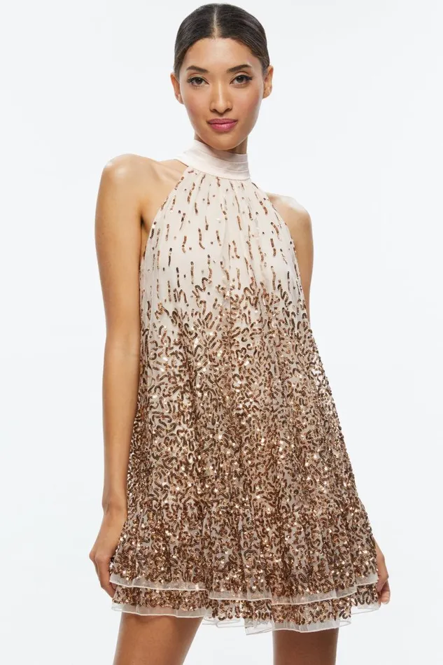 Alice Olivia Zenon Cape Mini Dress Pearl Blushrose Gold Women Dresses