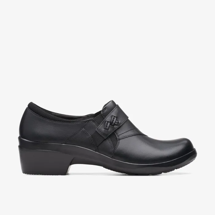 Angie Pearl Black Leather Women Clarks Clogs and Mules