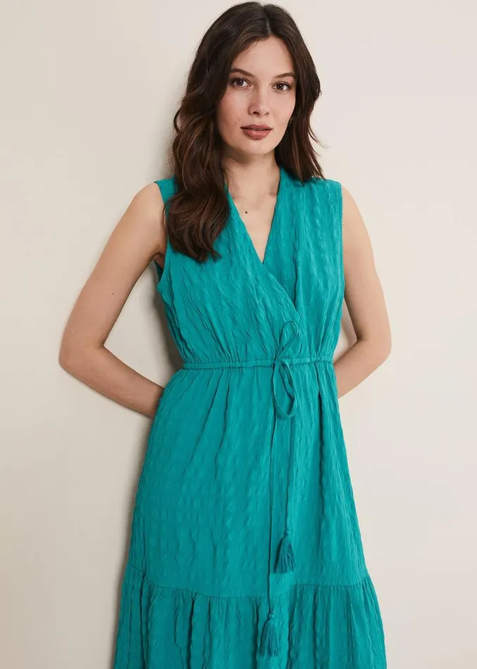 Anika Textured Sleeveless Midi Dress Turquoise Women Phase Eight Dresses
