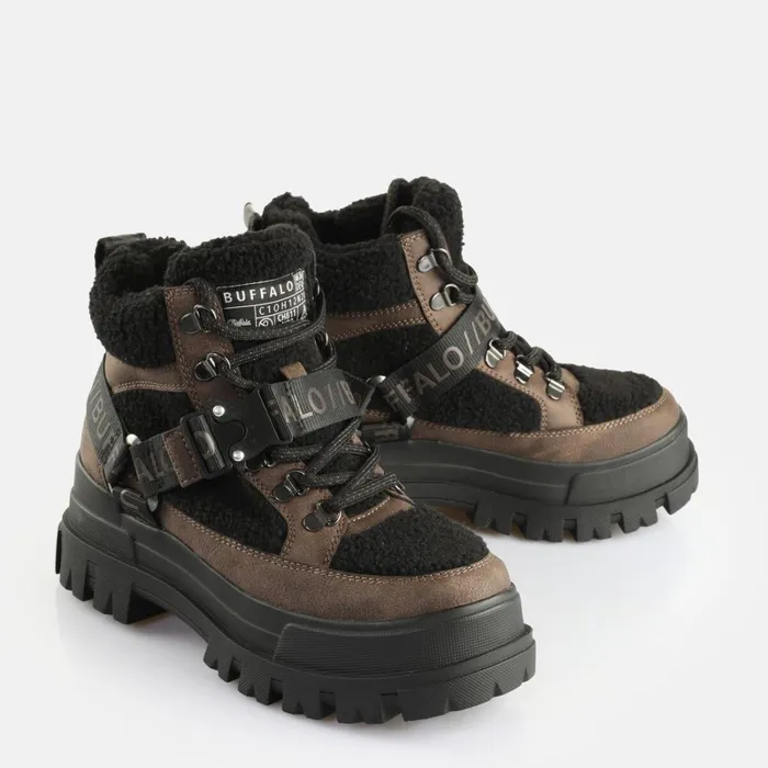 Aspha Com Mid Warm Brown Black Buffalo Boots and AnkleBoots