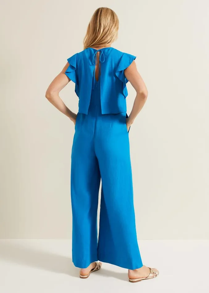 Aubrey Blue Linen Frill Jumpsuit Blue Women Phase Eight Jumpsuits