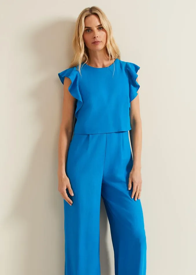 Aubrey Blue Linen Frill Jumpsuit Blue Women Phase Eight Jumpsuits