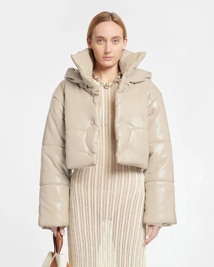 Aveline Cropped Okobor AltLeather Puffer Jacket Ashy Taupe Women Nanushka Jackets and Blazers