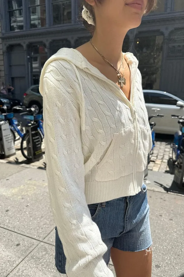Ayla Cable Knit Hoodie Ivory Women Brandy Melville Sweaters