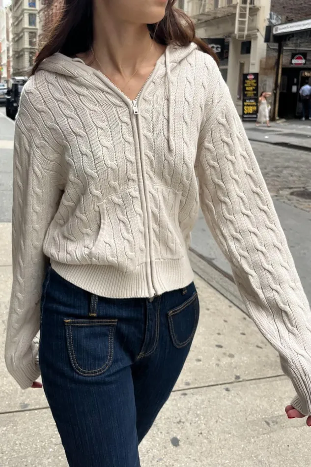 Ayla Cable Knit ZipUp Sweater Cream Women Brandy Melville Sweaters