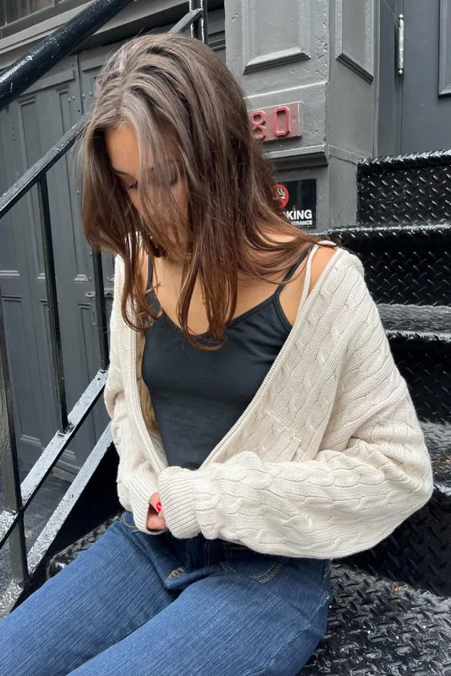 Ayla Cable Knit ZipUp Sweater Cream Women Brandy Melville Sweaters