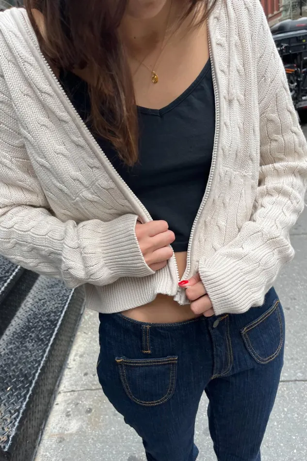 Ayla Cable Knit ZipUp Sweater Cream Women Brandy Melville Sweaters