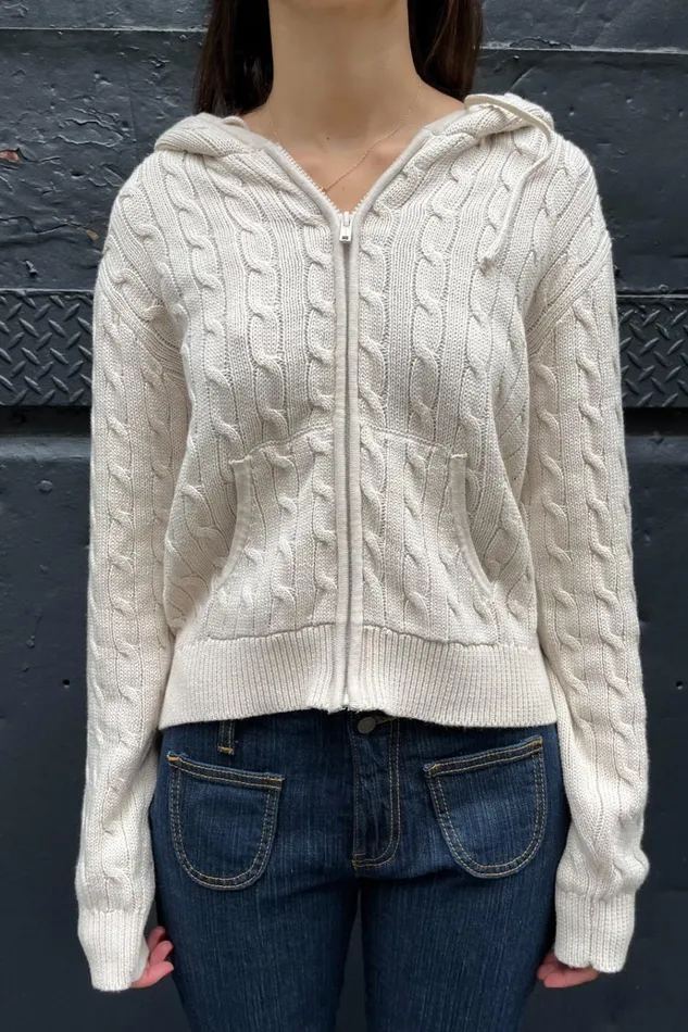 Ayla Cable Knit ZipUp Sweater Cream Women Brandy Melville Sweaters