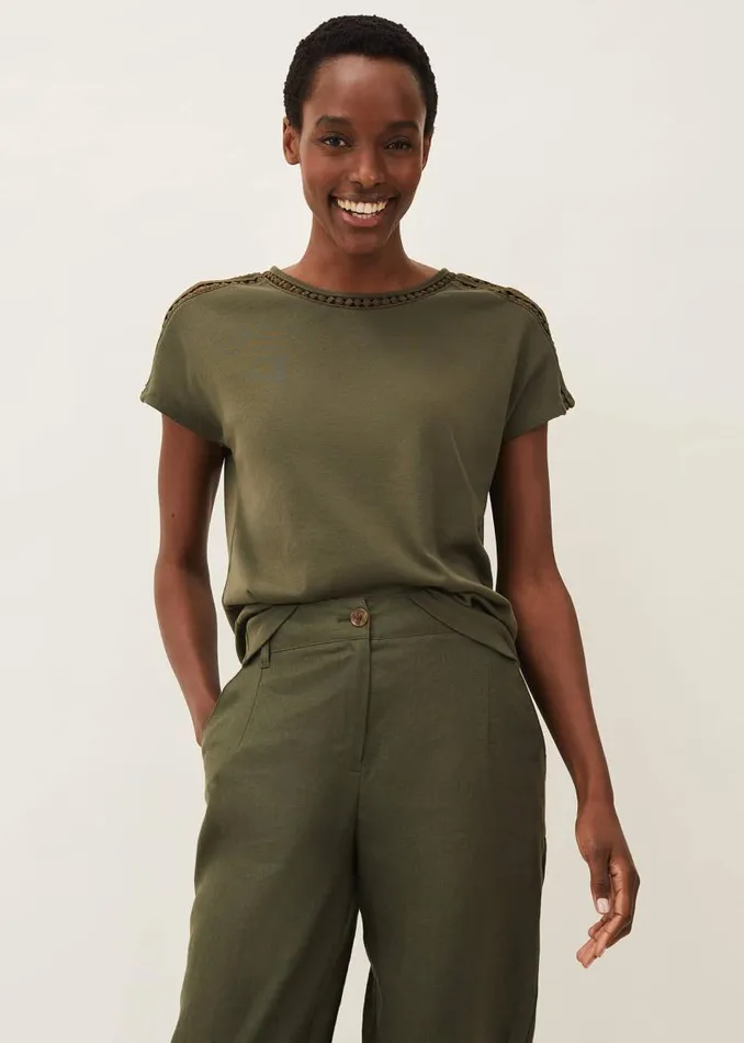 Billie Lace Trim Top Khaki Women Phase Eight Tops and TShirts