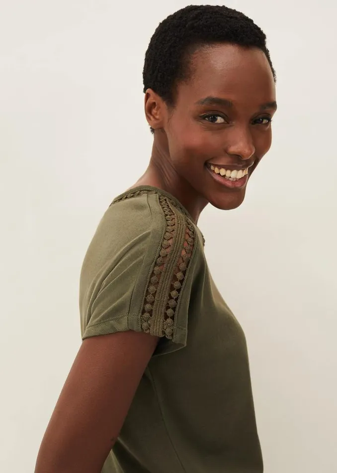 Billie Lace Trim Top Khaki Women Phase Eight Tops and TShirts
