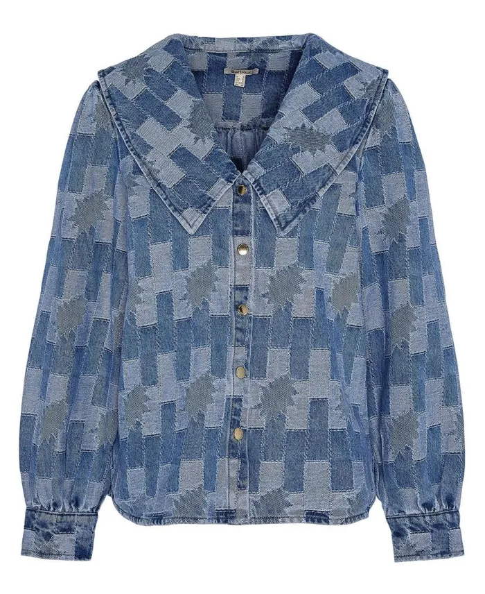 Bowhill Patchwork LongSleeved Denim Shirt Patchwork Denim Women Barbour Shirts and Blouses