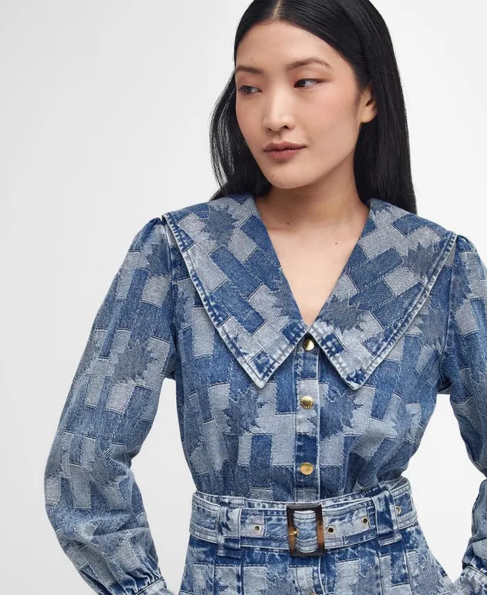 Bowhill Patchwork LongSleeved Denim Shirt Patchwork Denim Women Barbour Shirts and Blouses