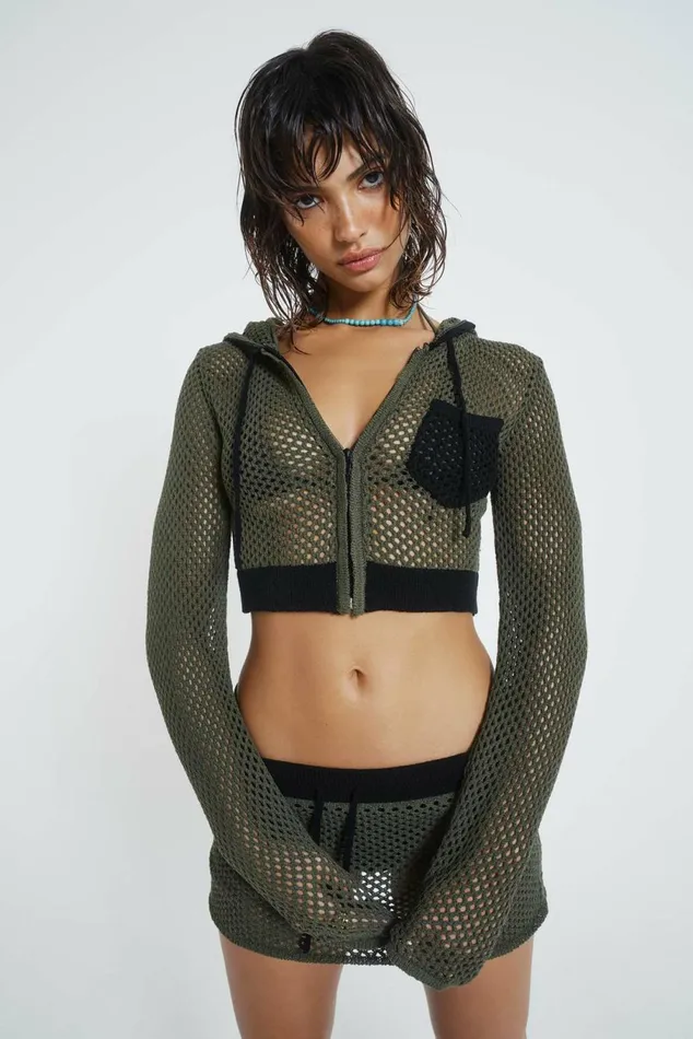 Caldera Khaki Crochet Hoodie Khaki Women Jaded London Hoodies and Sweatshirts