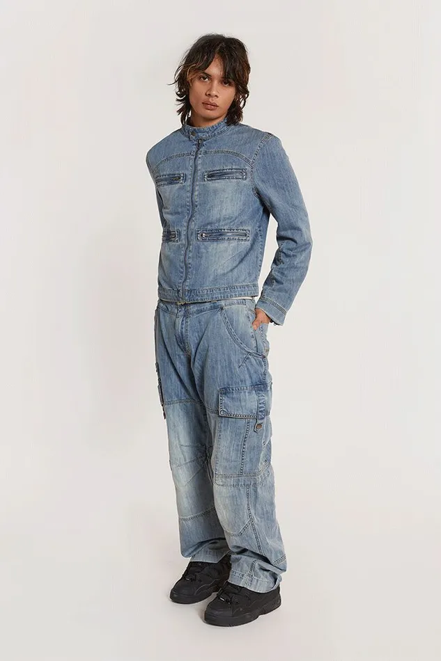 Chambray Denim Moto Jacket Blue Men Jaded London