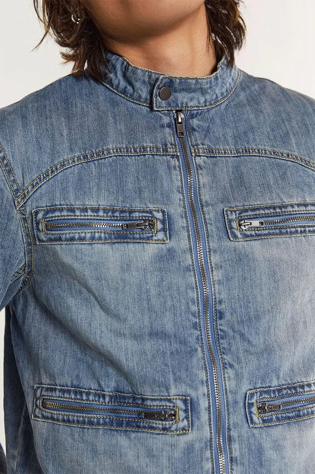 Chambray Denim Moto Jacket Blue Men Jaded London Chambray Denim Moto Jacket Blue Men Jaded London