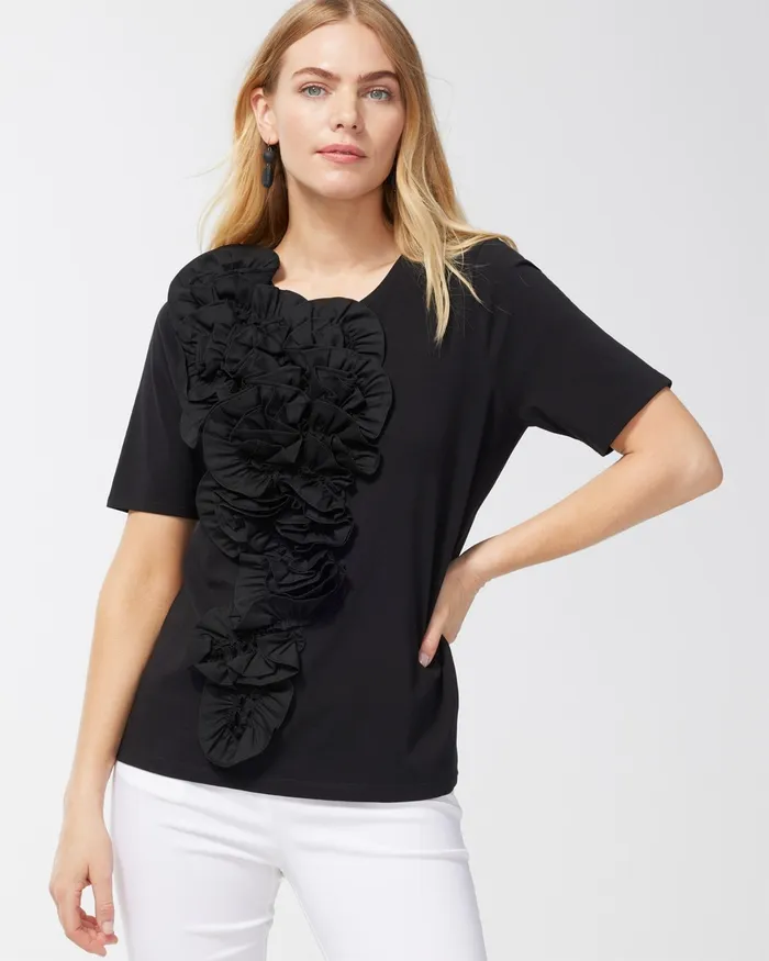 Chico039s 3D Floral Applique Ruffle Tee Black Women Tees