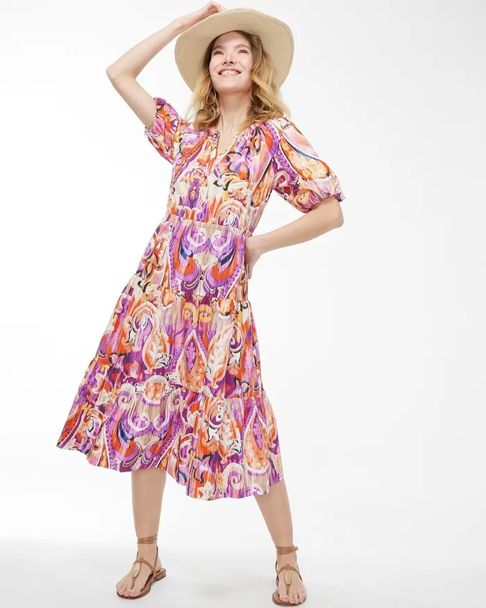 Chico039s 40th Anniversary Paisley Tiered Dress Flame Scarlet Women Dresses and Skirts